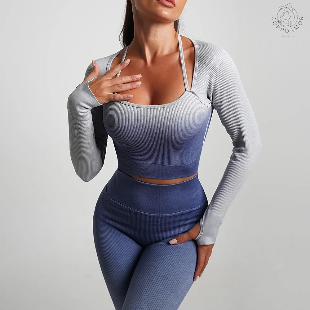 Women'S Fitness Clothing Gym Outfit and Yoga Workout Set Crop Top and High Waisted Leggings Ombre Gradient 2 Piece Set (Navy/Grey, Medium)