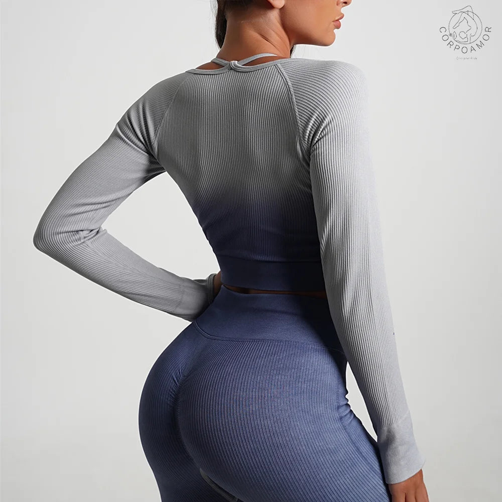 Women'S Fitness Clothing Gym Outfit and Yoga Workout Set Crop Top and High Waisted Leggings Ombre Gradient 2 Piece Set (Navy/Grey, Medium)